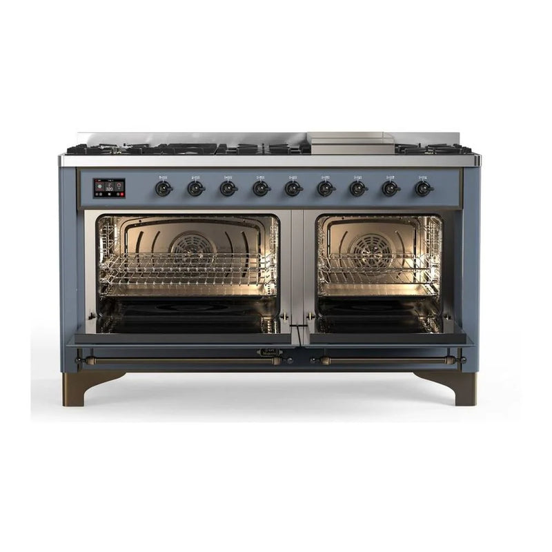 ILVE Majestic II 60" Dual Fuel Freestanding Range in Blue Grey with Burnished Trim, UM15FDNS3BGB