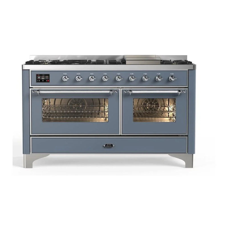 ILVE Majestic II 60" Dual Fuel Freestanding Range in Blue Grey with Chrome Trim, UM15FDNS3BGCLP