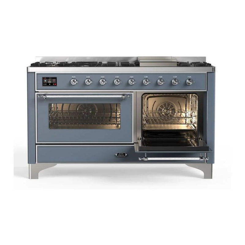 ILVE Majestic II 60" Dual Fuel Freestanding Range in Blue Grey with Chrome Trim, UM15FDNS3BGCLP