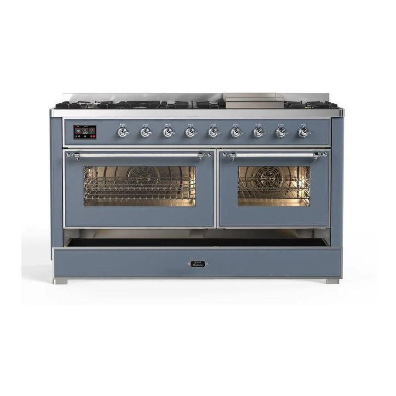 ILVE Majestic II 60" Dual Fuel Freestanding Range in Blue Grey with Chrome Trim, UM15FDNS3BGCLP