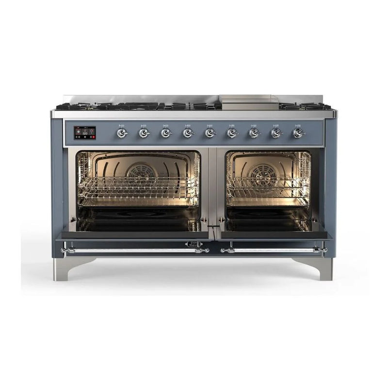 ILVE Majestic II 60" Dual Fuel Freestanding Range in Blue Grey with Chrome Trim, UM15FDNS3BGC