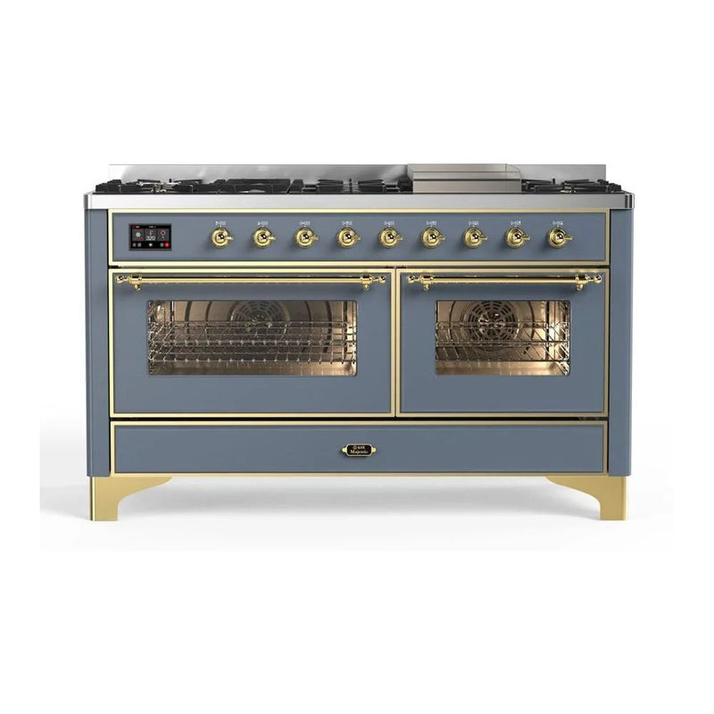 ILVE Majestic II 60" Dual Fuel Freestanding Range in Blue Grey with Brass Trim, UM15FDNS3BGGLP