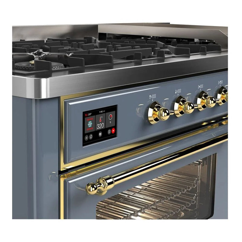 ILVE Majestic II 60" Dual Fuel Freestanding Range in Blue Grey with Brass Trim, UM15FDNS3BGGLP