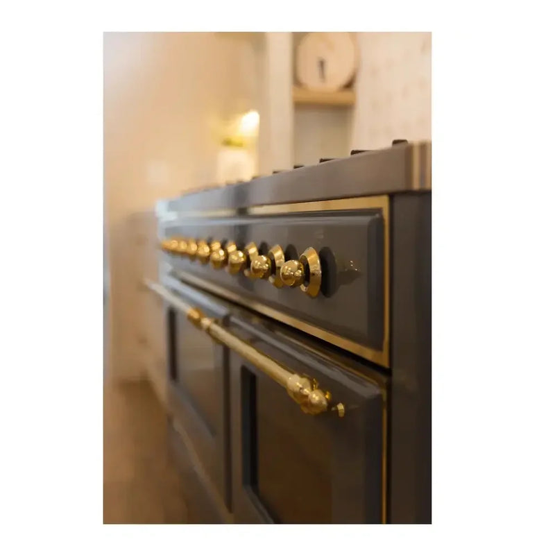 ILVE Majestic II 60" Dual Fuel Freestanding Range in Blue Grey with Brass Trim, UM15FDNS3BGG