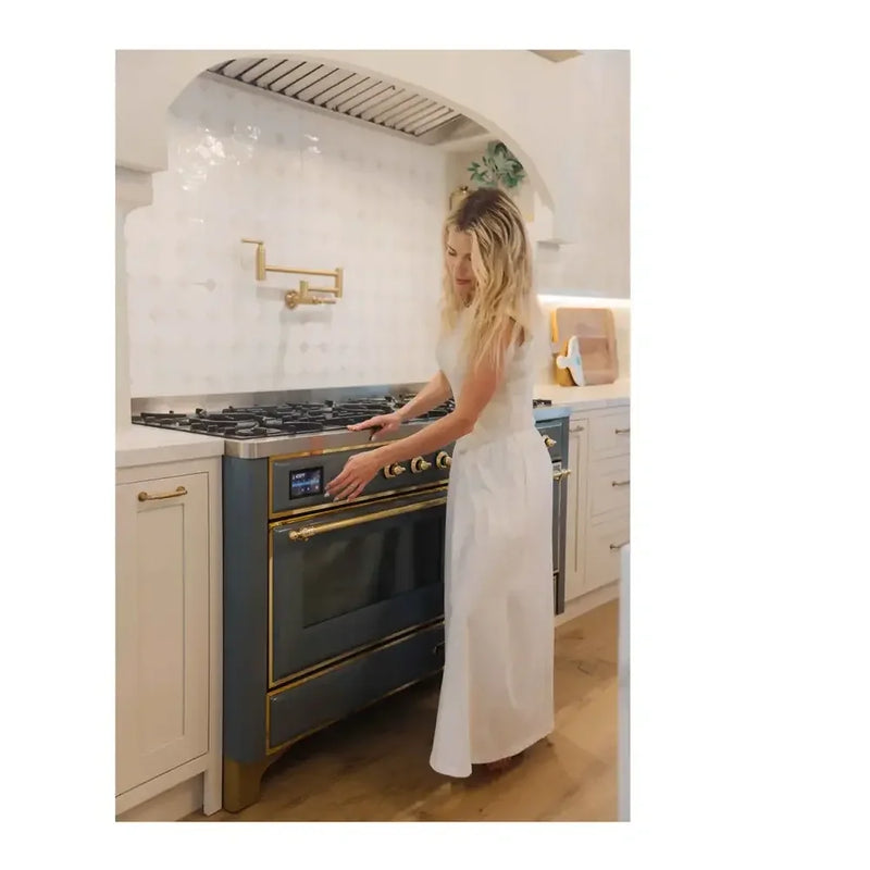 ILVE Majestic II 60" Dual Fuel Freestanding Range in Blue Grey with Brass Trim, UM15FDNS3BGG