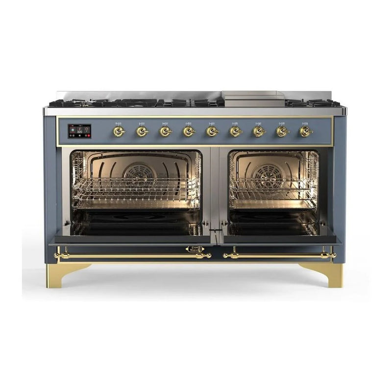 ILVE Majestic II 60" Dual Fuel Freestanding Range in Blue Grey with Brass Trim, UM15FDNS3BGG