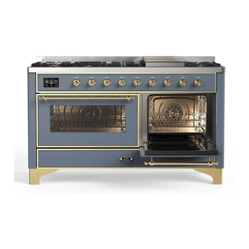 ILVE Majestic II 60" Dual Fuel Freestanding Range in Blue Grey with Brass Trim, UM15FDNS3BGG