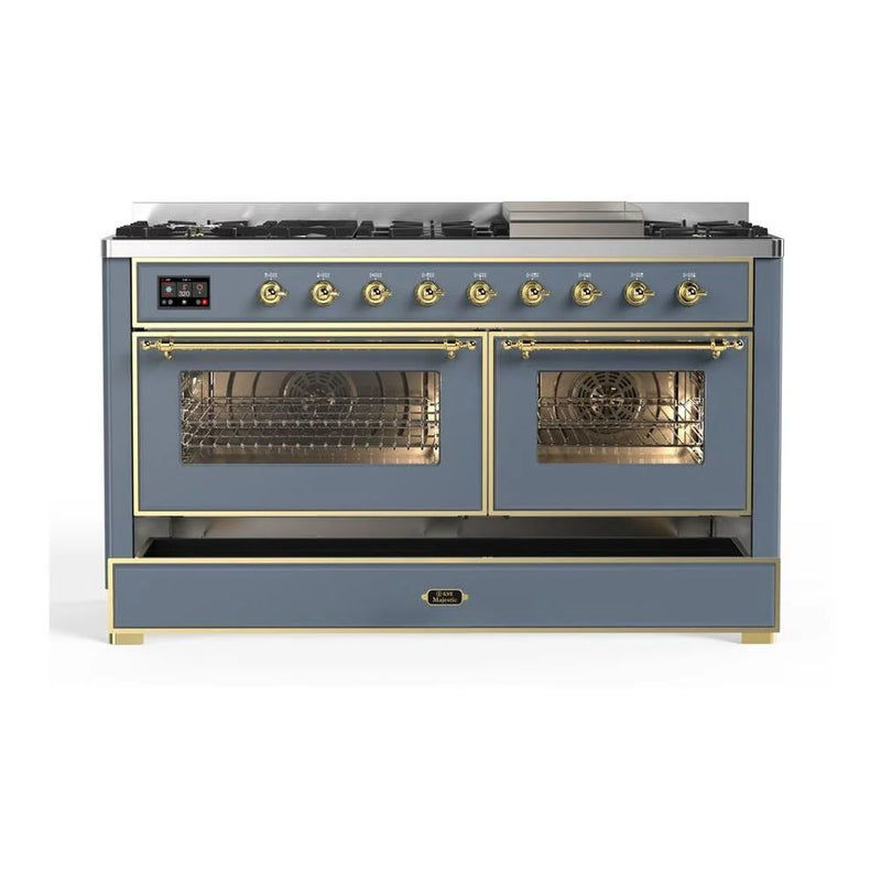 ILVE Majestic II 60" Dual Fuel Freestanding Range in Blue Grey with Brass Trim, UM15FDNS3BGG