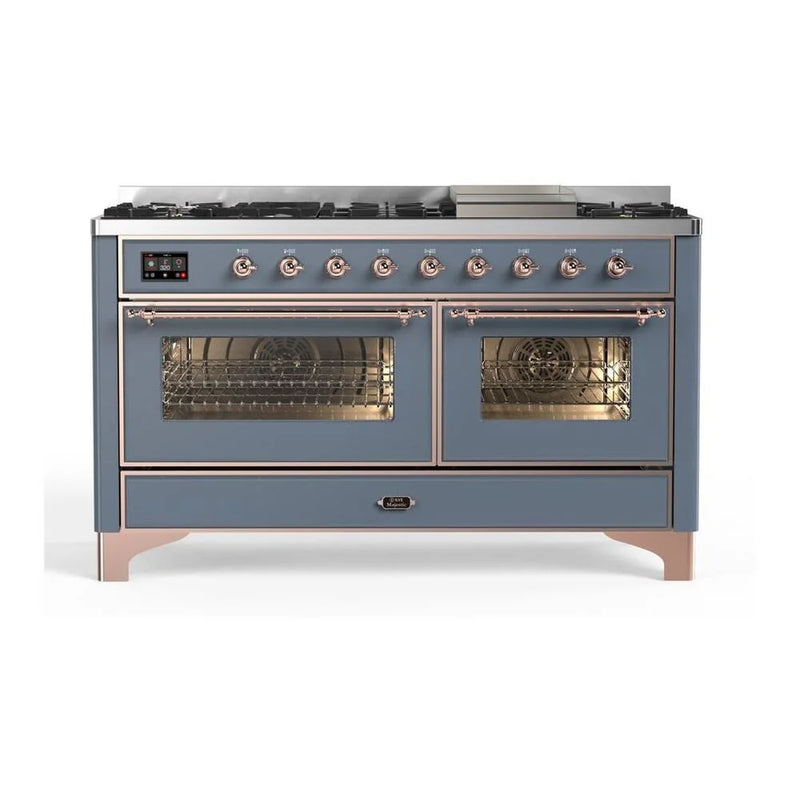 ILVE Majestic II 60" Dual Fuel Freestanding Range in Blue Grey with Copper Trim, UM15FDNS3BGPLP