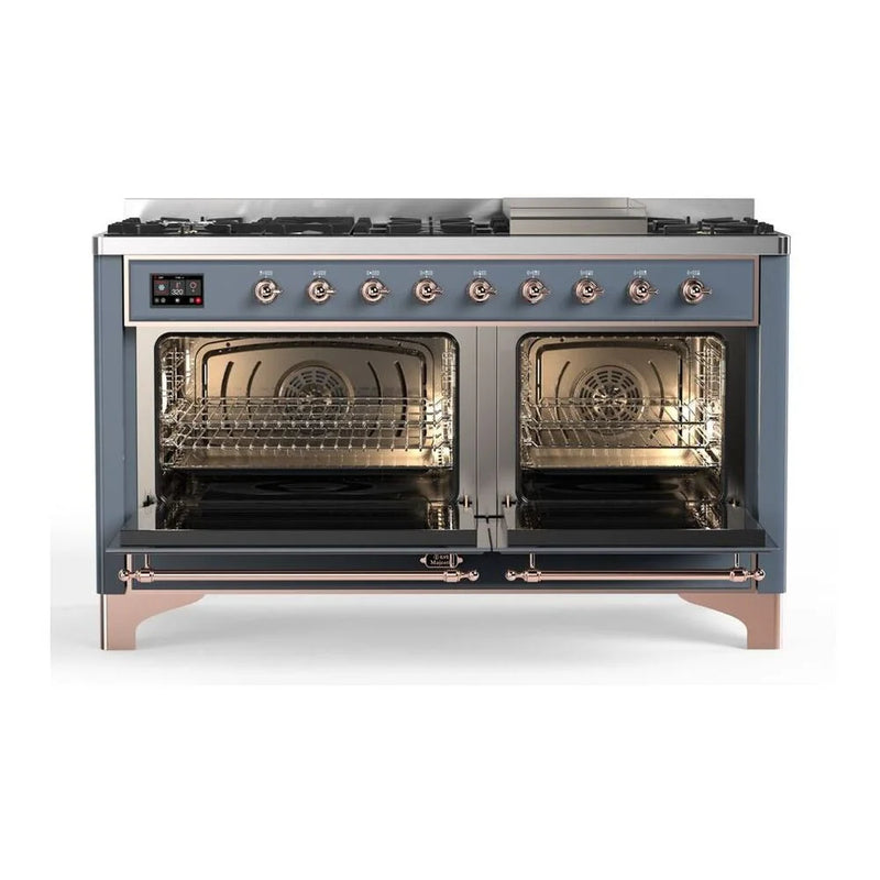 ILVE Majestic II 60" Dual Fuel Freestanding Range in Blue Grey with Copper Trim, UM15FDNS3BGPLP