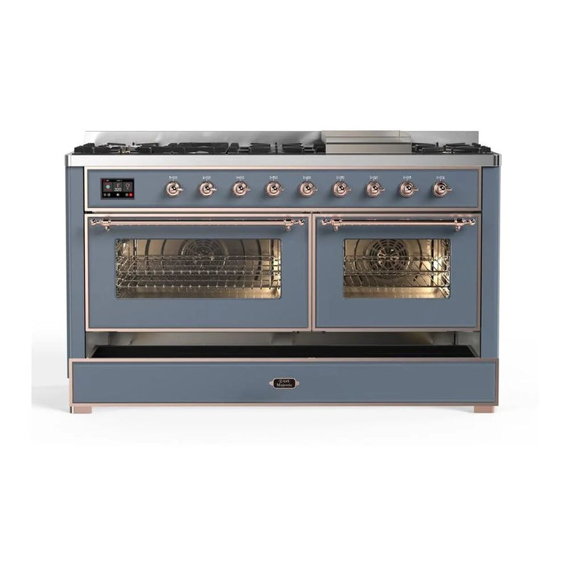 ILVE Majestic II 60" Dual Fuel Freestanding Range in Blue Grey with Copper Trim, UM15FDNS3BGPLP