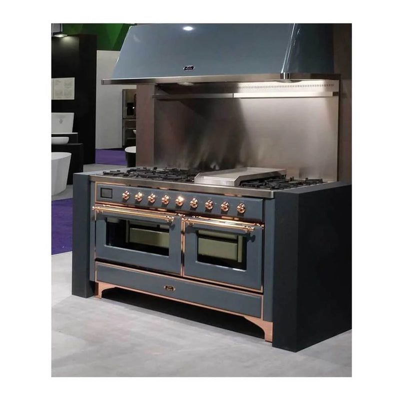 ILVE Majestic II 60" Dual Fuel Freestanding Range in Blue Grey with Copper Trim, UM15FDNS3BGPLP