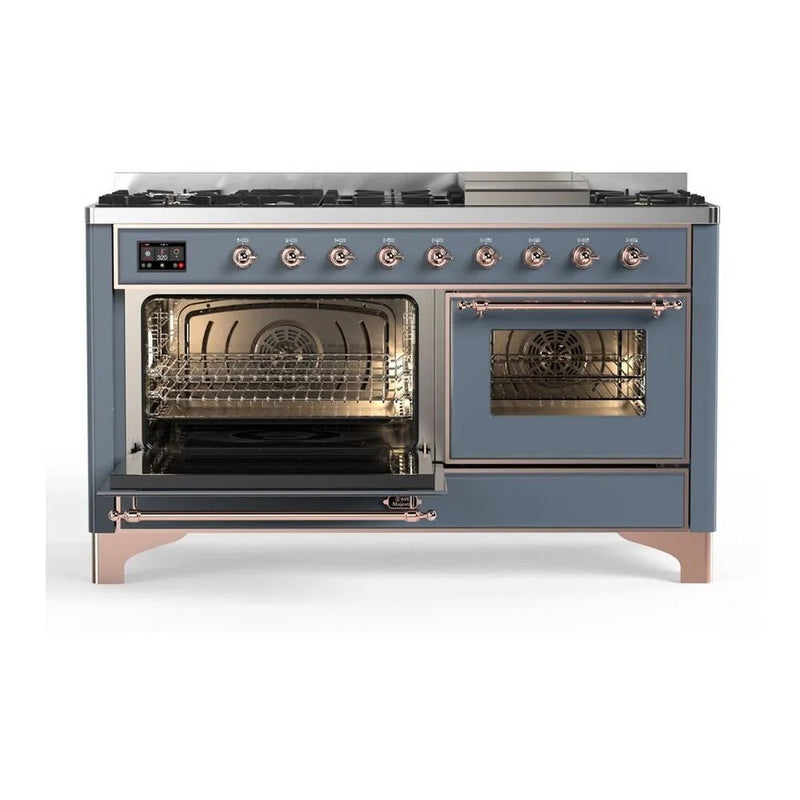 ILVE Majestic II 60" Dual Fuel Freestanding Range in Blue Grey with Copper Trim, UM15FDNS3BGP