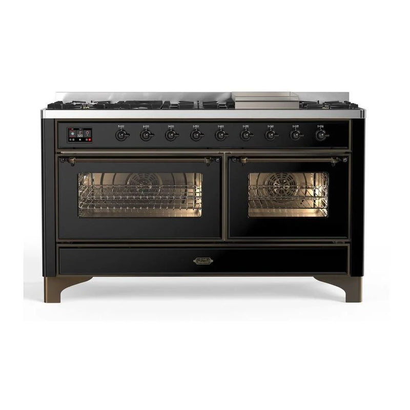 ILVE Majestic II 60" Dual Fuel Freestanding Range in Glossy Black with Burnished Trim, UM15FDNS3BKBLP