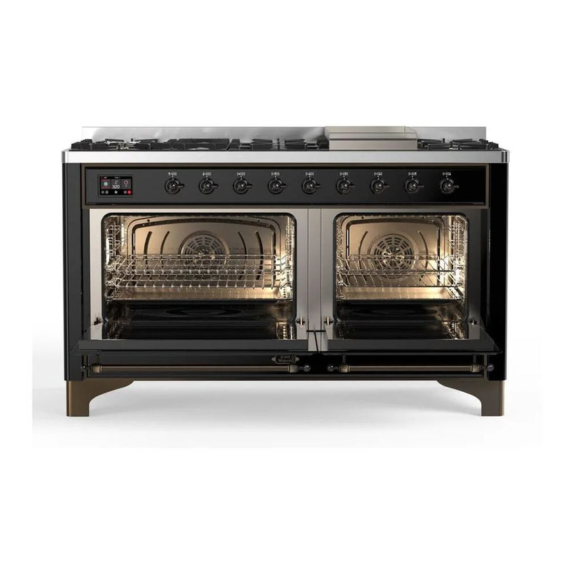 ILVE Majestic II 60" Dual Fuel Freestanding Range in Glossy Black with Burnished Trim, UM15FDNS3BKB