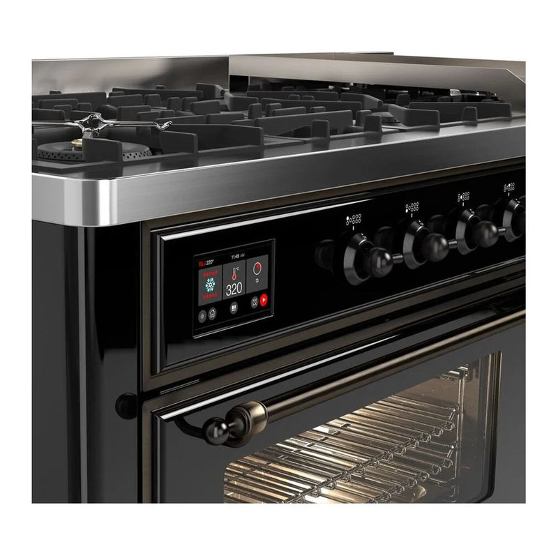 ILVE Majestic II 60" Dual Fuel Freestanding Range in Glossy Black with Burnished Trim, UM15FDNS3BKB