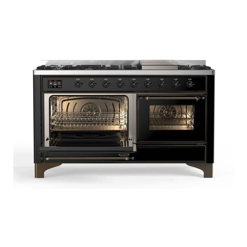 ILVE Majestic II 60" Dual Fuel Freestanding Range in Glossy Black with Burnished Trim, UM15FDNS3BKB