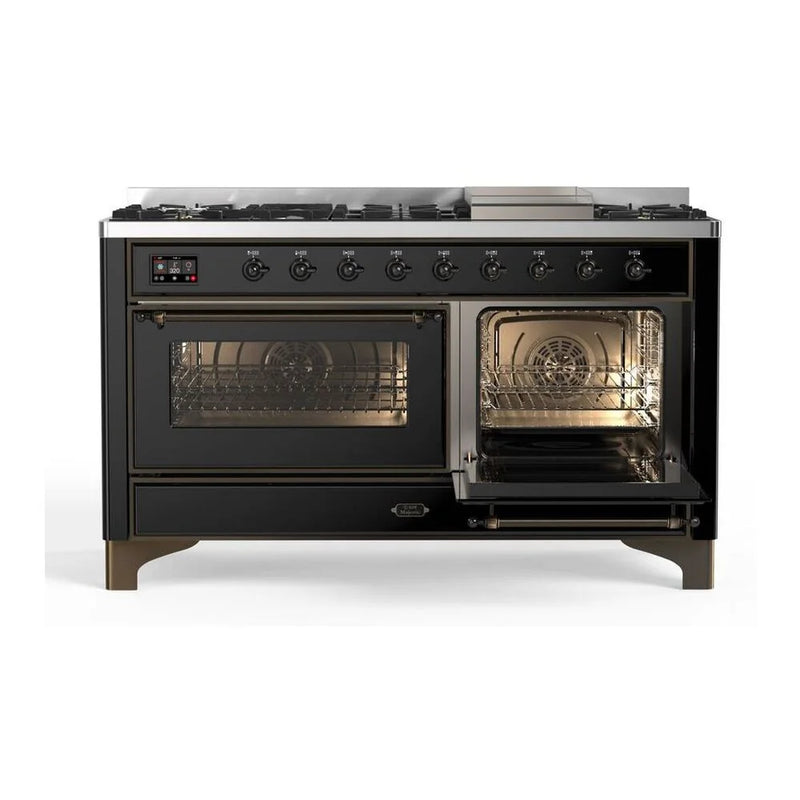 ILVE Majestic II 60" Dual Fuel Freestanding Range in Glossy Black with Burnished Trim, UM15FDNS3BKB
