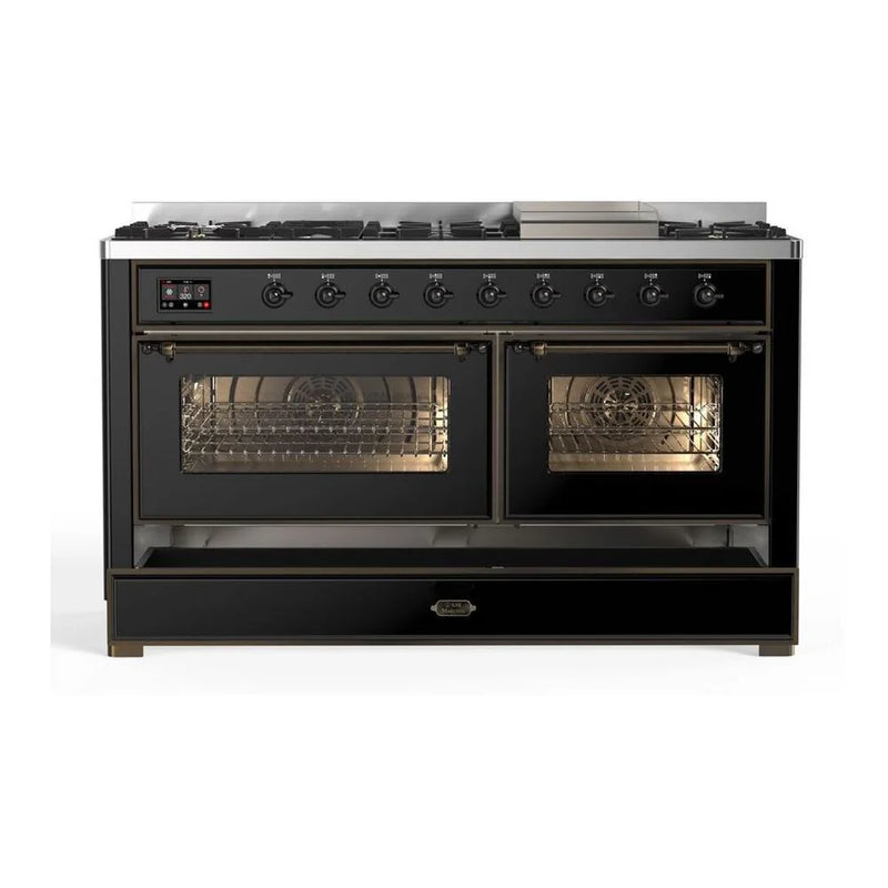 ILVE Majestic II 60" Dual Fuel Freestanding Range in Glossy Black with Burnished Trim, UM15FDNS3BKB