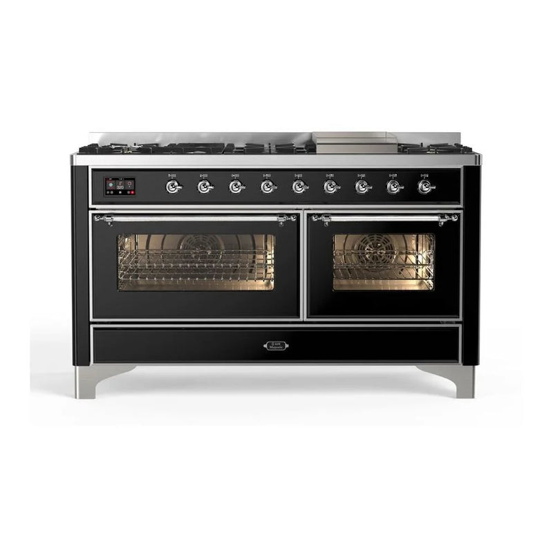ILVE Majestic II 60" Dual Fuel Freestanding Range in Glossy Black with Chrome Trim, UM15FDNS3BKCLP