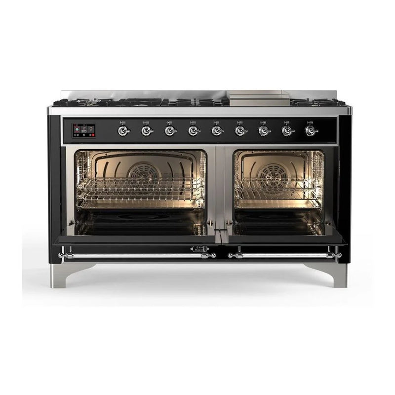 ILVE Majestic II 60" Dual Fuel Freestanding Range in Glossy Black with Chrome Trim, UM15FDNS3BKCLP