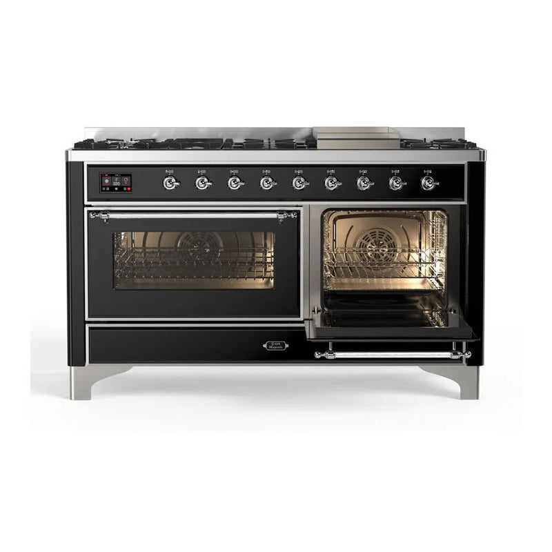 ILVE Majestic II 60" Dual Fuel Freestanding Range in Glossy Black with Chrome Trim, UM15FDNS3BKCLP