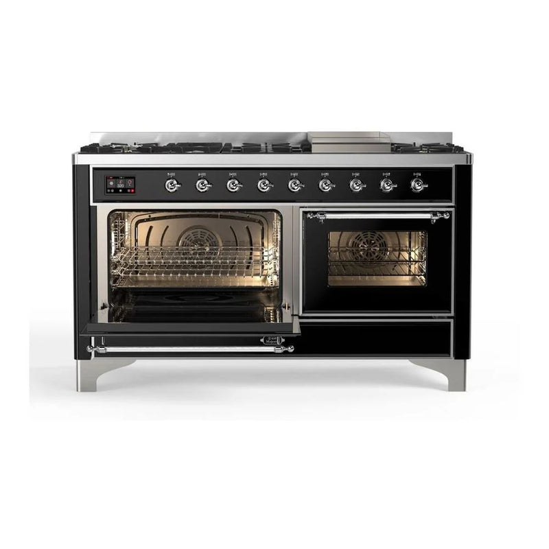 ILVE Majestic II 60" Dual Fuel Freestanding Range in Glossy Black with Chrome Trim, UM15FDNS3BKC