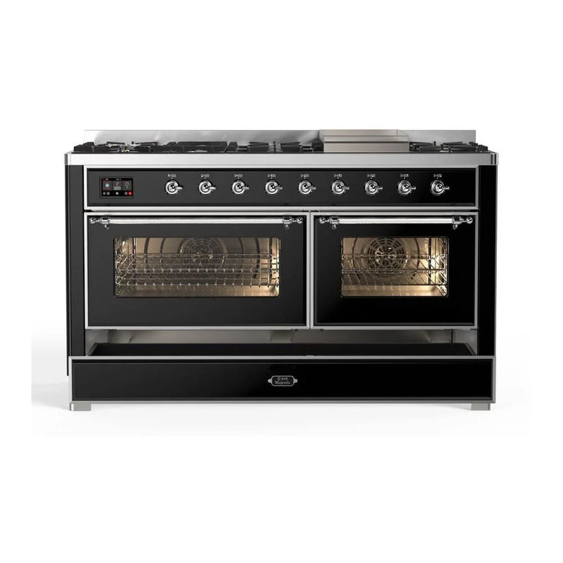 ILVE Majestic II 60" Dual Fuel Freestanding Range in Glossy Black with Chrome Trim, UM15FDNS3BKC