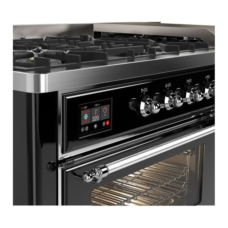 ILVE Majestic II 60" Dual Fuel Freestanding Range in Glossy Black with Chrome Trim, UM15FDNS3BKC