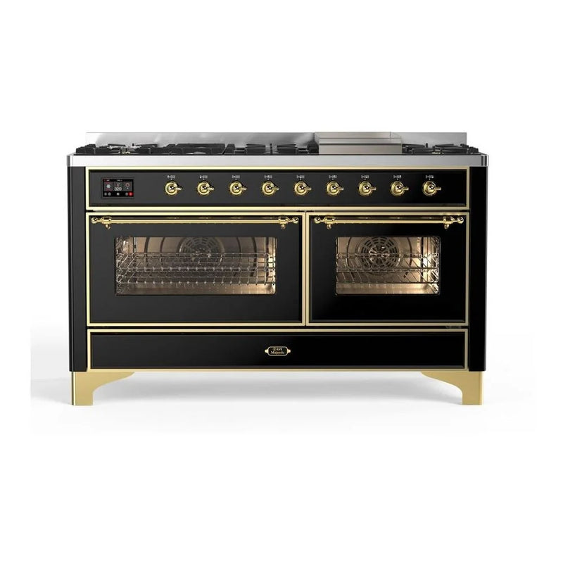 ILVE Majestic II 60" Dual Fuel Freestanding Range in Glossy Black with Brass Trim, UM15FDNS3BKGLP
