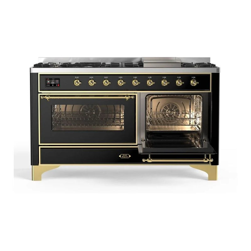 ILVE Majestic II 60" Dual Fuel Freestanding Range in Glossy Black with Brass Trim, UM15FDNS3BKGLP