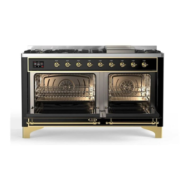 ILVE Majestic II 60" Dual Fuel Freestanding Range in Glossy Black with Brass Trim, UM15FDNS3BKG