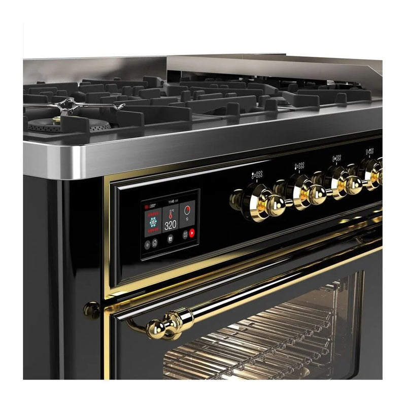 ILVE Majestic II 60" Dual Fuel Freestanding Range in Glossy Black with Brass Trim, UM15FDNS3BKG