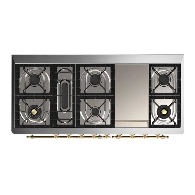 ILVE Majestic II 60" Dual Fuel Freestanding Range in Glossy Black with Brass Trim, UM15FDNS3BKG