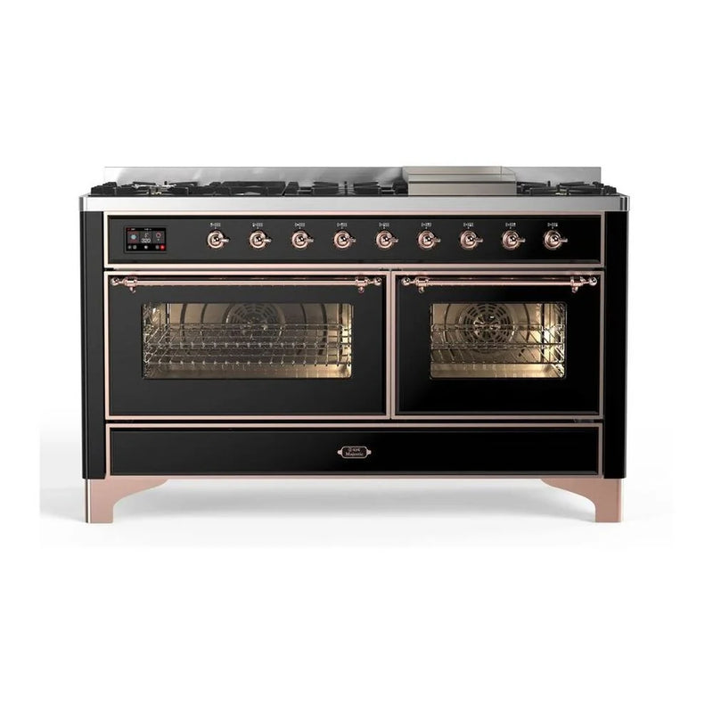 ILVE Majestic II 60" Dual Fuel Freestanding Range in Glossy Black with Copper Trim, UM15FDNS3BKPLP