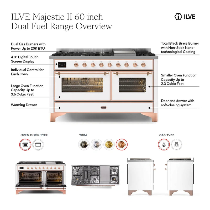 ILVE Majestic II 60" Dual Fuel Freestanding Range in Glossy Black with Copper Trim, UM15FDNS3BKPLP