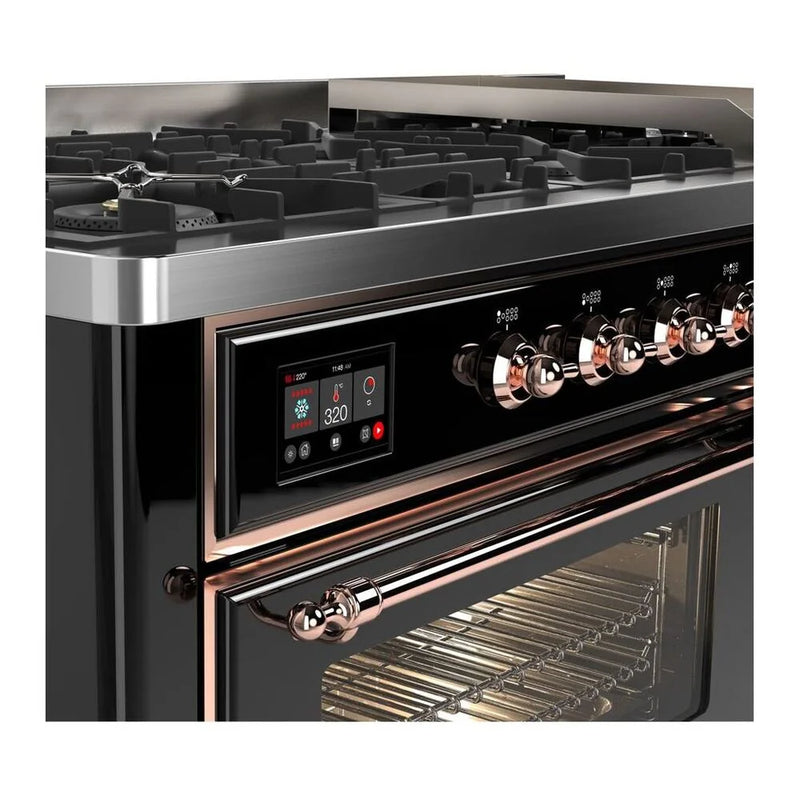 ILVE Majestic II 60" Dual Fuel Freestanding Range in Glossy Black with Copper Trim, UM15FDNS3BKPLP