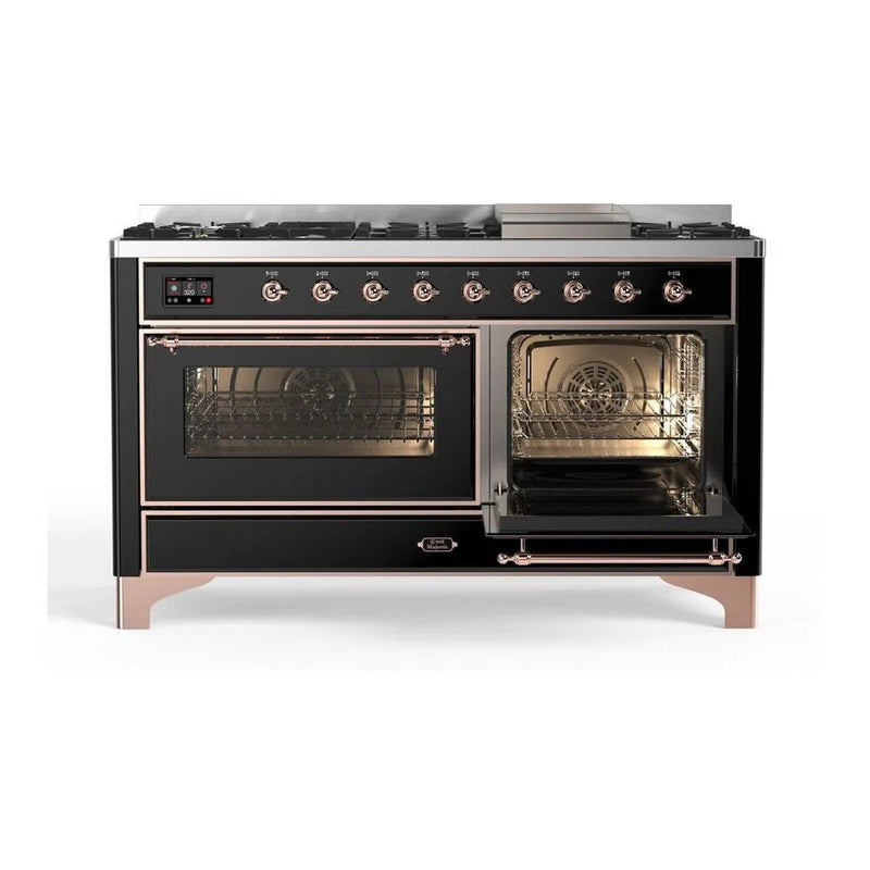 ILVE Majestic II 60" Dual Fuel Freestanding Range in Glossy Black with Copper Trim, UM15FDNS3BKPLP