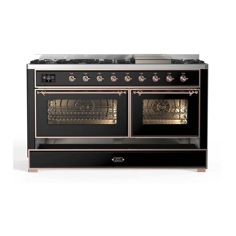 ILVE Majestic II 60" Dual Fuel Freestanding Range in Glossy Black with Copper Trim, UM15FDNS3BKPLP
