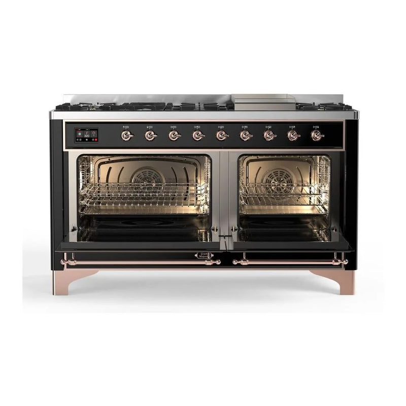ILVE Majestic II 60" Dual Fuel Freestanding Range in Glossy Black with Copper Trim, UM15FDNS3BKP