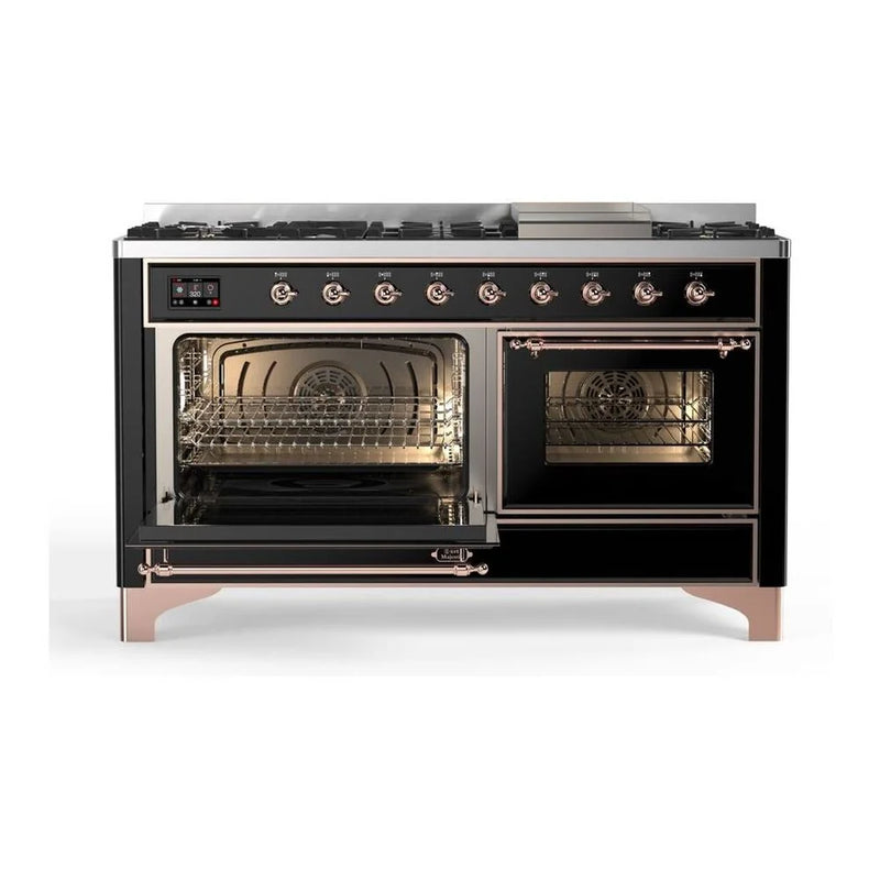 ILVE Majestic II 60" Dual Fuel Freestanding Range in Glossy Black with Copper Trim, UM15FDNS3BKP