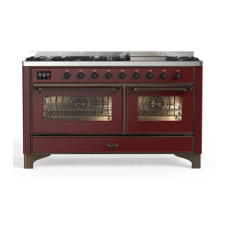 ILVE Majestic II 60" Dual Fuel Freestanding Range in Burgundy with Burnished Trim, UM15FDNS3BUBLP