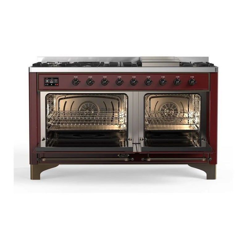 ILVE Majestic II 60" Dual Fuel Freestanding Range in Burgundy with Burnished Trim, UM15FDNS3BUBLP
