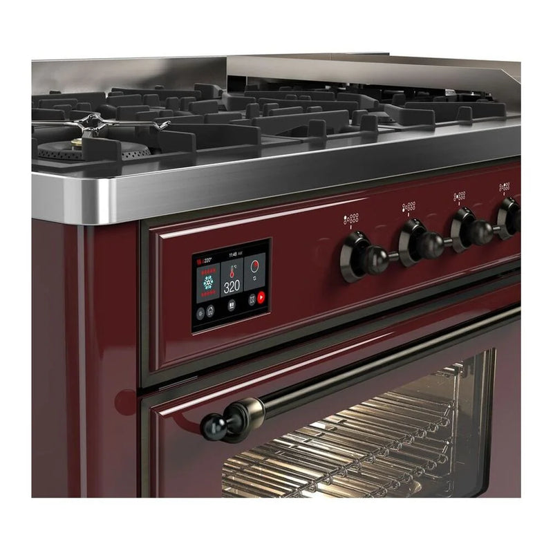 ILVE Majestic II 60" Dual Fuel Freestanding Range in Burgundy with Burnished Trim, UM15FDNS3BUBLP