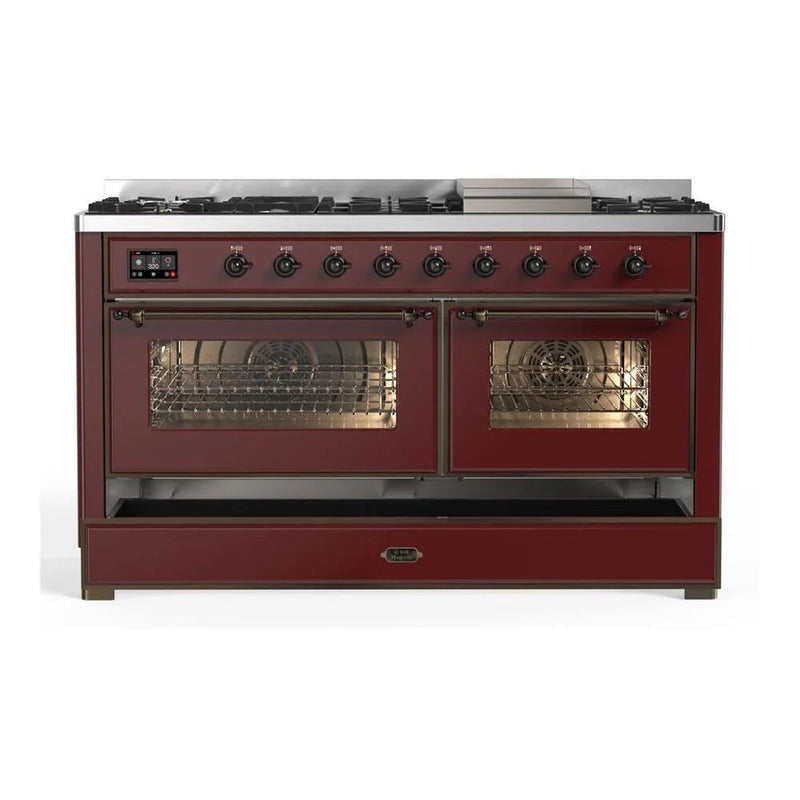 ILVE Majestic II 60" Dual Fuel Freestanding Range in Burgundy with Burnished Trim, UM15FDNS3BUBLP