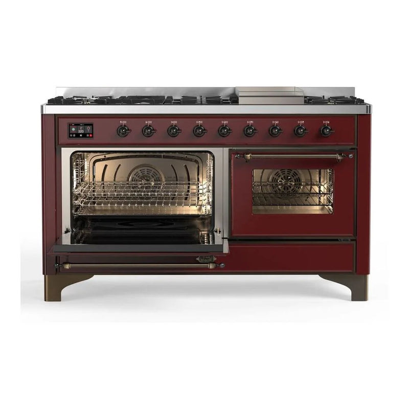 ILVE Majestic II 60" Dual Fuel Freestanding Range in Burgundy with Burnished Trim, UM15FDNS3BUB