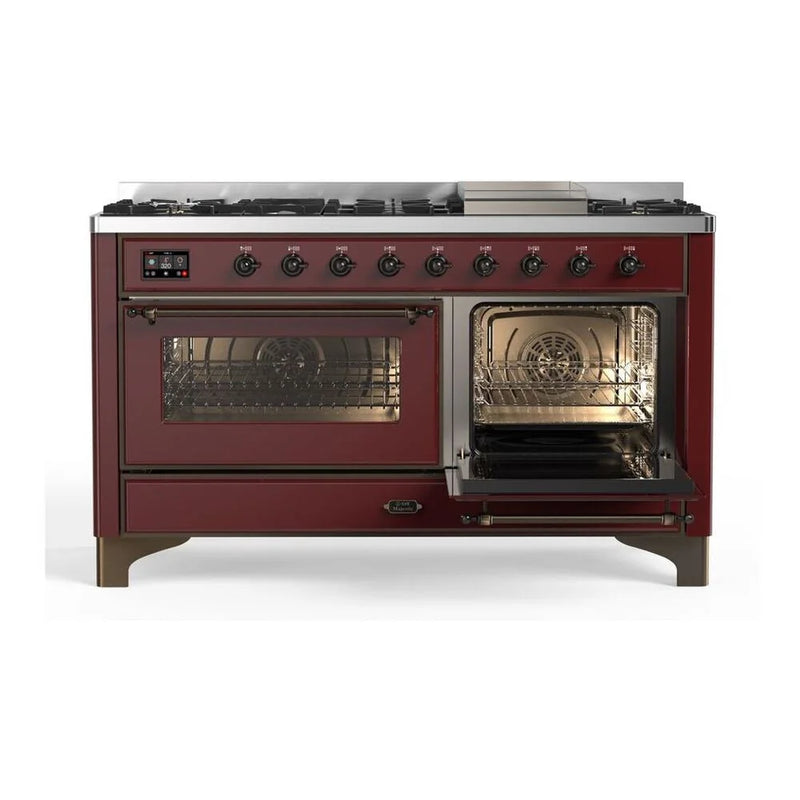 ILVE Majestic II 60" Dual Fuel Freestanding Range in Burgundy with Burnished Trim, UM15FDNS3BUB