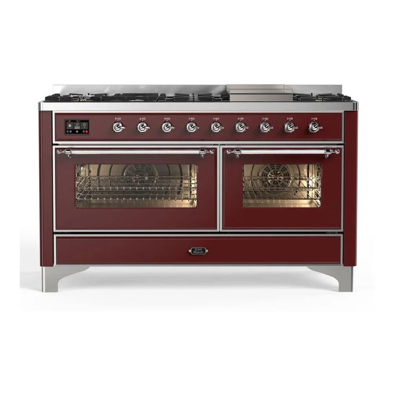 ILVE Majestic II 60" Dual Fuel Freestanding Range in Burgundy with Chrome Trim, UM15FDNS3BUCLP