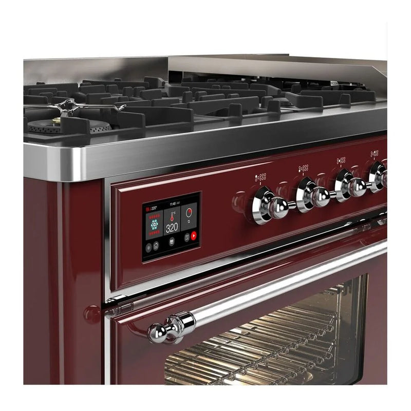 ILVE Majestic II 60" Dual Fuel Freestanding Range in Burgundy with Chrome Trim, UM15FDNS3BUCLP