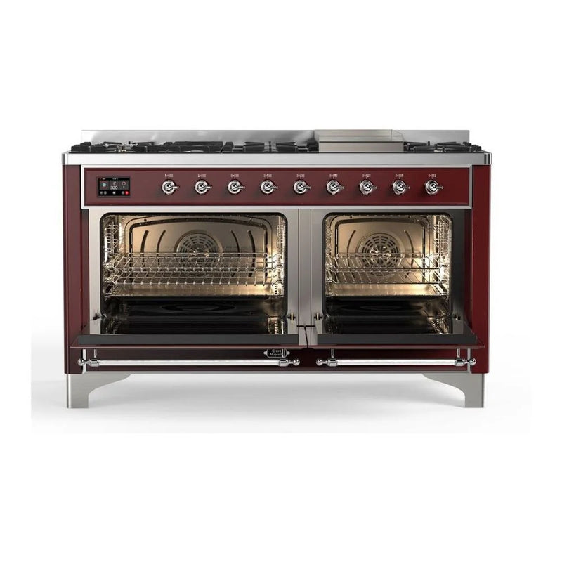 ILVE Majestic II 60" Dual Fuel Freestanding Range in Burgundy with Chrome Trim, UM15FDNS3BUC